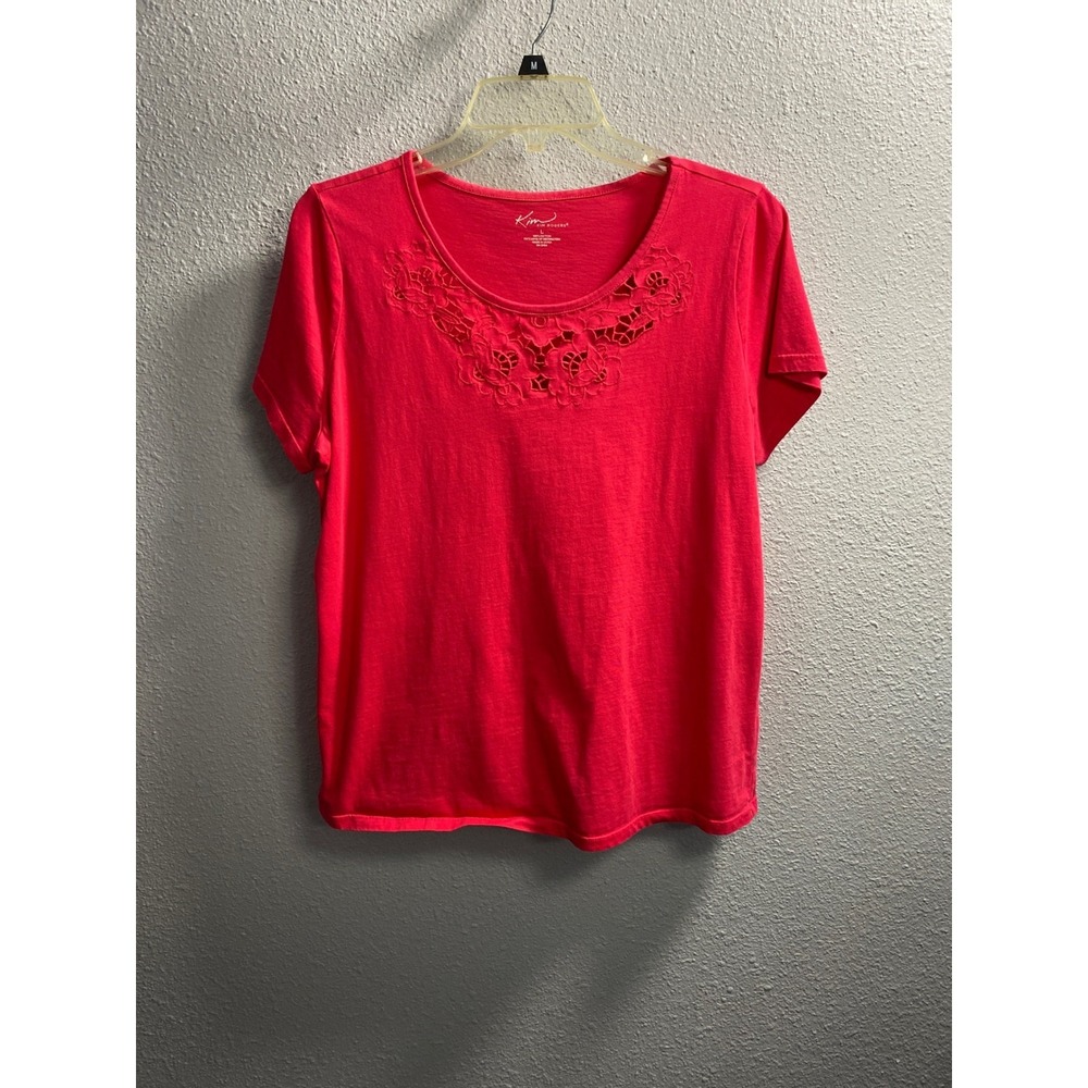 Kim Rogers Red Cotton Eyelet Crochet Neck Short Sleeve Top Womens Large L